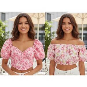 Miss Selfridge Floral Crop Top Set Womens 4 Pink Cottagecore Coquette Balletcore